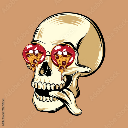 Vector hand drawn illustration of human skull n sunglasses with mouths with slice of pizza .