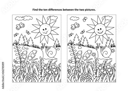 Find the ten differences picture puzzle and coloring page with sun, snail, butterflies and wildflowers
