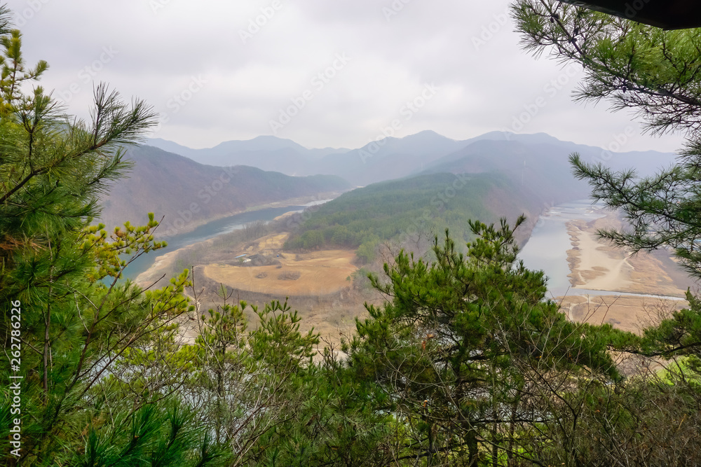 Beautiful landscape on the river and mountains in South Korea
