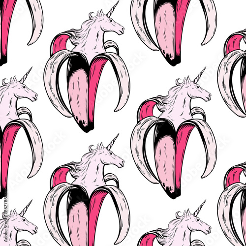 Vector pattern with hand drawn illustration of banana with unicorn's head isolated.