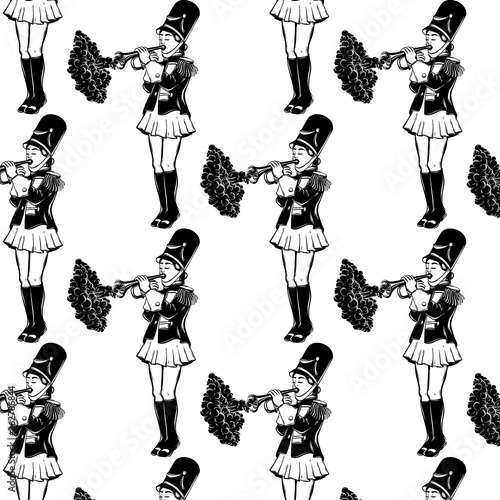 Vector pattern with hand drawn illustration of girl with trumpet and smoke