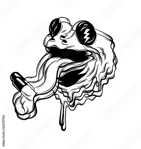 Vector hand drawn illustration of toad with tongue and pill isolated.