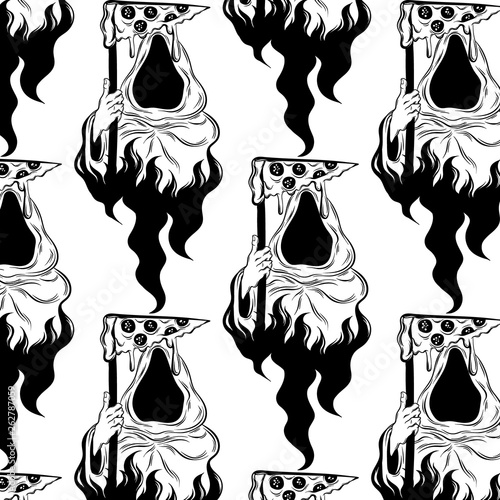 Vector pattern hand drawn illustration of death with slice of pizza.
