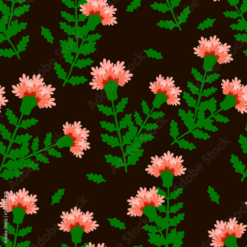 pink carnations with green leaves on a dark brown background