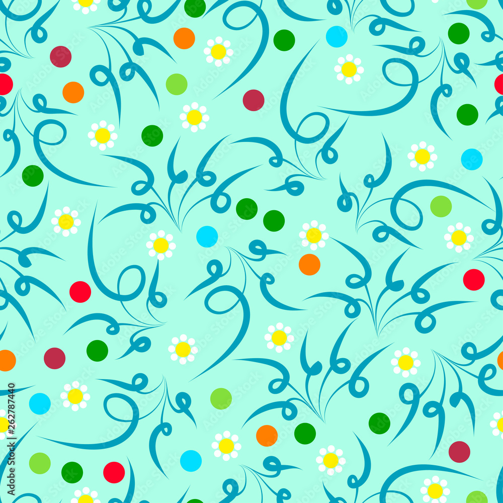 Fototapeta premium a light blue background with colorful dots and white flowers and dark blue ornaments