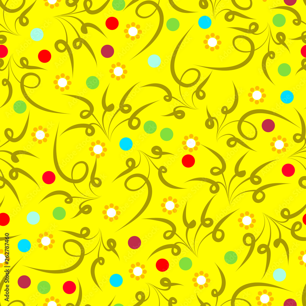 a yellow background with colorful dots and orange flowers and green ornaments