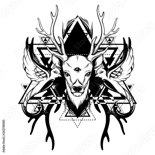 Vector hand drawn illustration of deer and birds with triangles isolated .