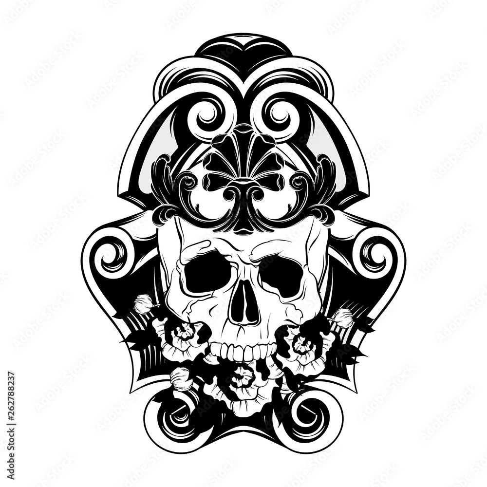 Vector hand drawn illustration of human skull with flowers in frame. Vector hand drawn illustration of human skull with flowers in frame.
