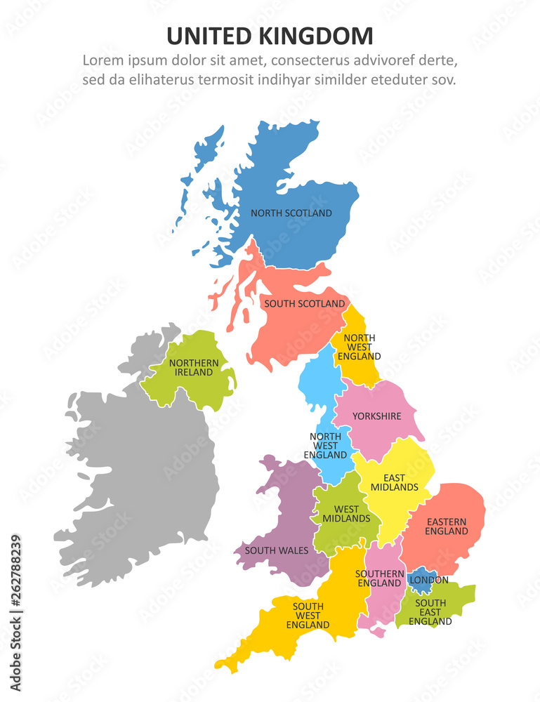 UK multicolored map with regions. Vector illustration