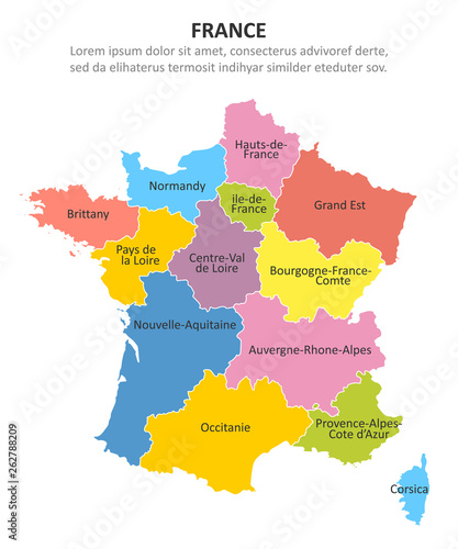 France multicolored map with regions. Vector illustration