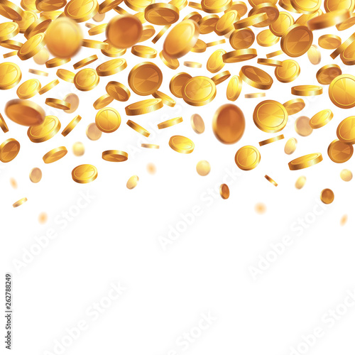 Falling from the top a lot of gold coins on a transparent or white background. Rain of money. 
