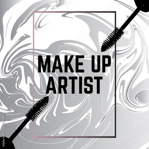 Make up artist. Vector placard with hand drawn illustration of mascara brush .