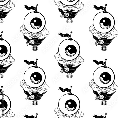 Vector pattern with hand drawn illustration of air balloon with human heart isolated .