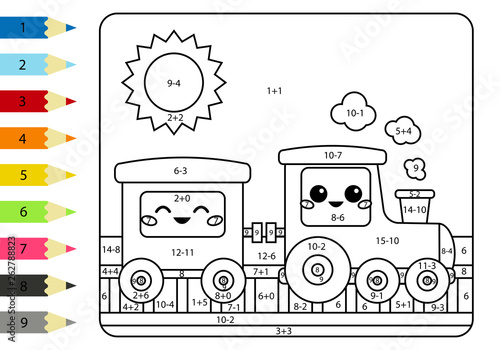 Coloring page by addition and subtraction numbers. Vector kawaii train and wagon. Math worksheet for kids. Transportation theme.