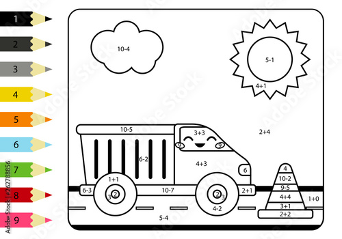 Coloring page by addition and subtraction numbers. Vector kawaii truck and road cone. Math worksheet for kids. Transportation theme.