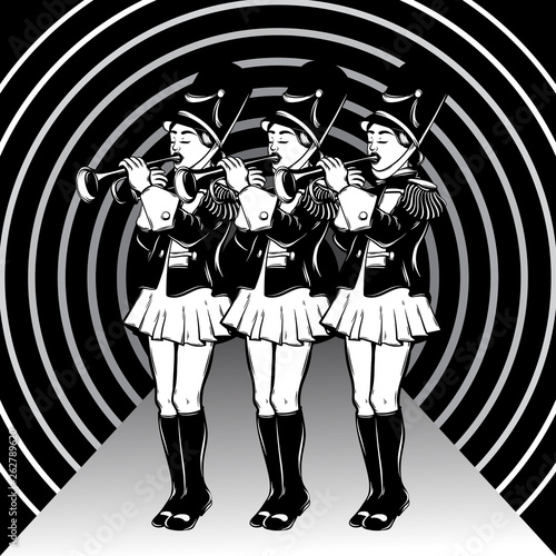 Vector hand drawn illustration of girls with trumpets.