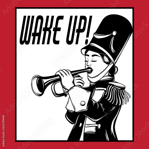 Wake up! Vector hand drawn illustration of girl with trumpet .