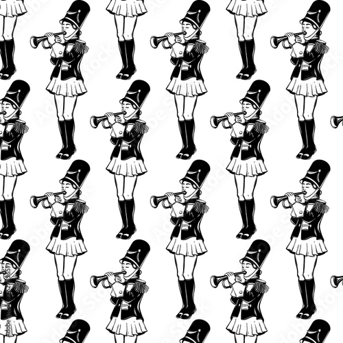 Vector pattern with hand drawn illustration of girl with trumpet isolated .