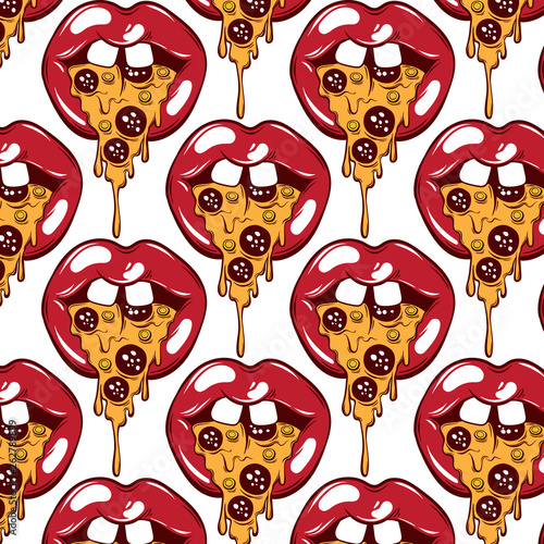 Vector pattern with hand drawn illustration of mouth with slice of pizza instead tongue .
