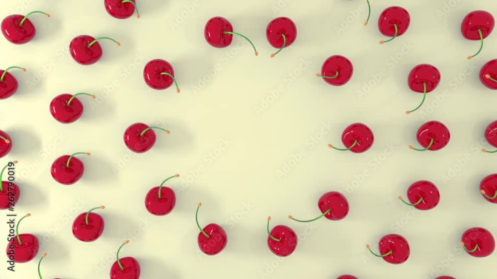 3D render of fresh red cherry fruit on pastel surface background. 4K render animation loop. 3D render of fresh red cherry fruit on pastel surface background. 4K render animation loop.