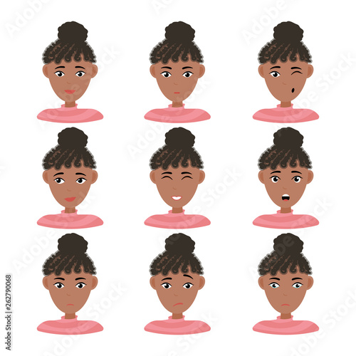 Face expressions of African American woman with dark hair. Different female emotions set. Attractive cartoon character. Vector illustration isolated on white background