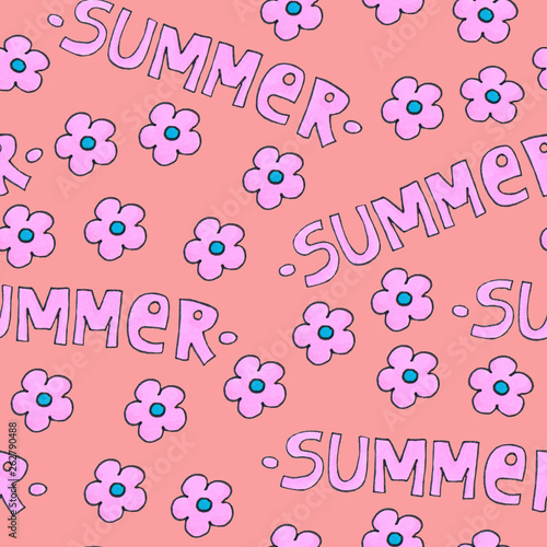 Pink summer pattern for background or package. Seasons concept with flowers. Handwritten modern lettering.