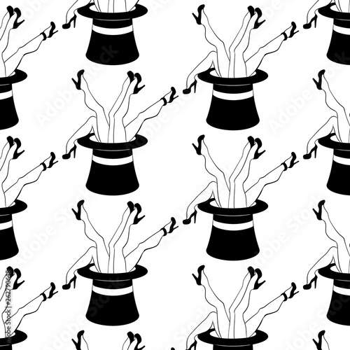 Vector pattern with hand drawn creative illustration of legs in top hat .