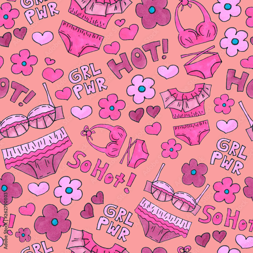 Pink lingerie seamless pattern. Marker Art underwear wallpaper design. Pattern hand drawn illustration. Bras and panties doodle. Fashion packing background Pink lingerie seamless pattern. Marker Art underwear wallpaper design. Pattern hand drawn illustration. Bras and panties doodle. Fashion packing background