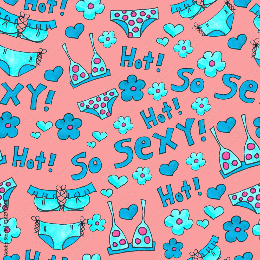 Naklejka premium Blue lingerie seamless pattern. Marker Art underwear wallpaper design. Pattern hand drawn illustration. Bras and panties doodle. Fashion packing background
