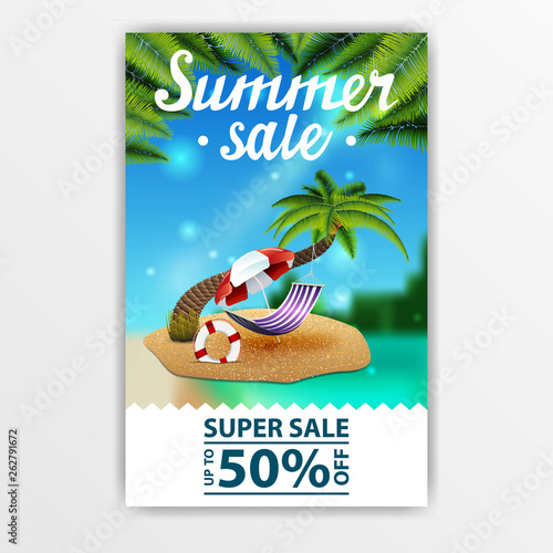 Summer sale, discount banner with beautiful lettering, seascape,
