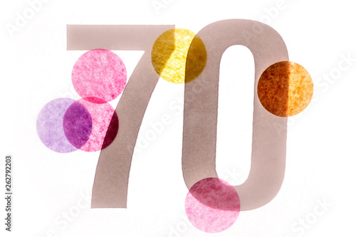 70 number seventy, graphic black digit and creative typography with colourful wheels, happy birthday