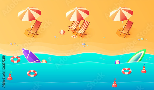 Summer. Vacation and travel concept. Umbrella  beach chair and a ball on the beach. Flat style vector illustration