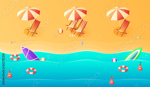 Summer. Vacation and travel concept. Umbrella, beach chair and a ball on the beach. Flat style vector illustration