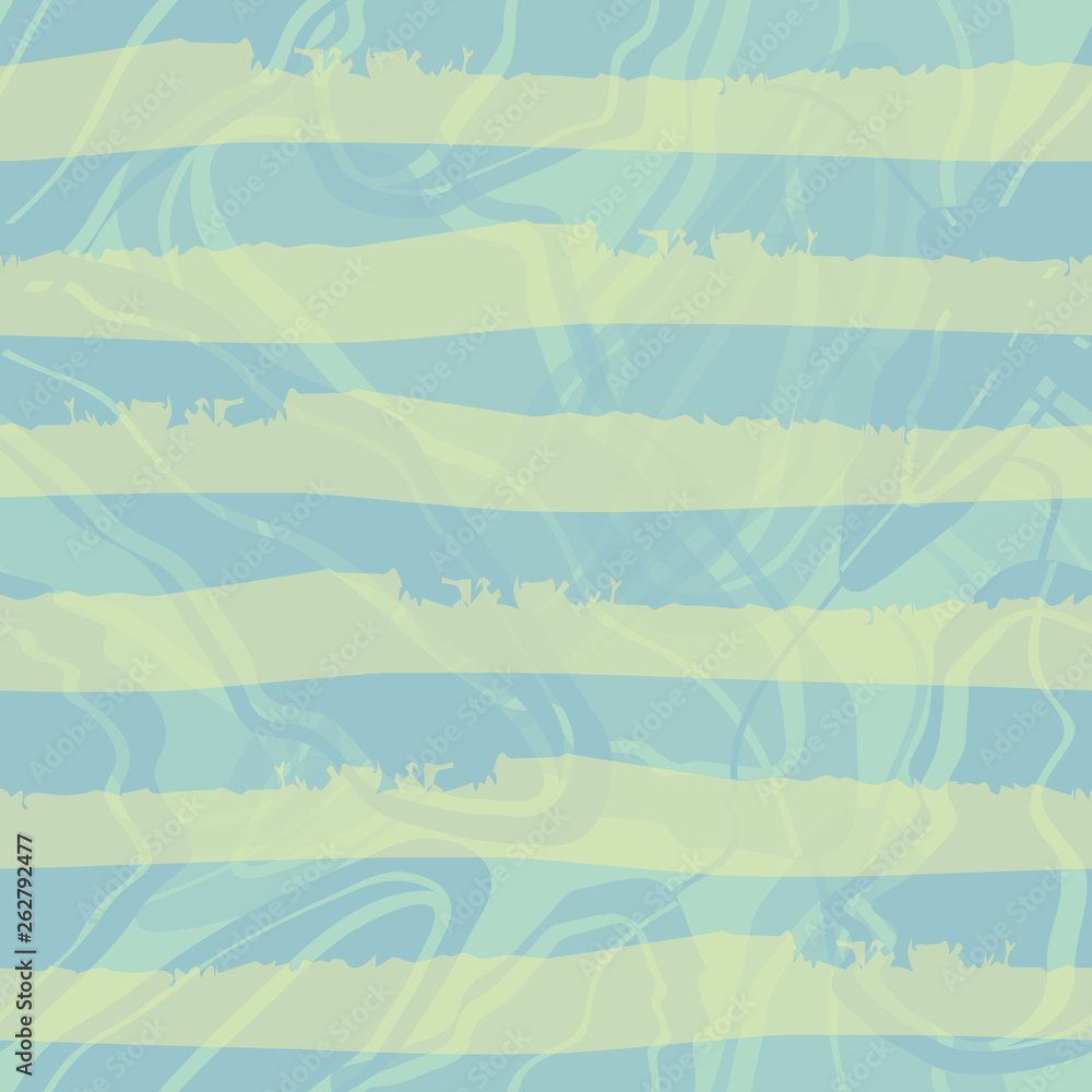 Pastel blue and green watercolour horizontal striped design. Seamless vector pattern on blue marbled swirls background. Great for wellness, spa, beauty products, giftwrap, stationery, packaging.