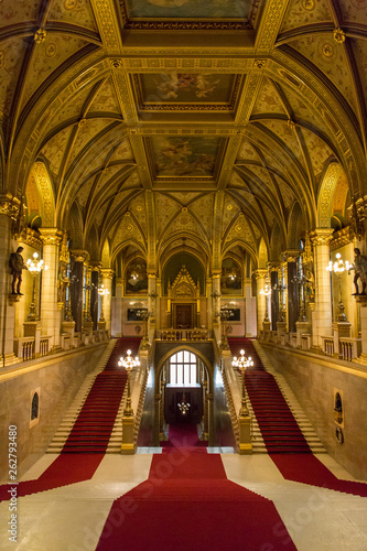 Interior view of main staircase of Hungarian Parliament Building in Budapest Hungary 