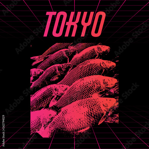 Tokyo. Vector poster with hand drawn illustration of fishes made in vaporwave style.