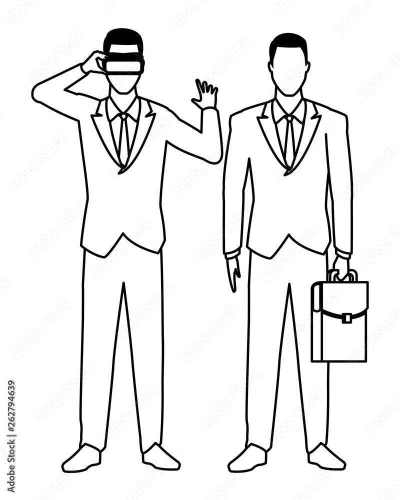 businessmen wearing virtual reality headset black and white