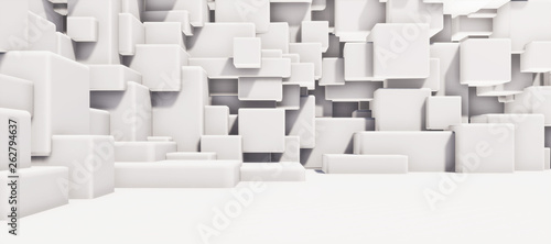 Colorful abstract panoramic background: geometric white matte cube wall. ( Car backplate, 3D rendering computer digitally generated illustration.)