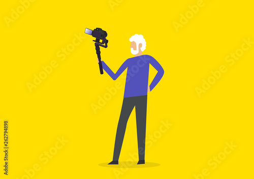 Blogging with Realistic professional camera with button and display and Professional Photo Video Motorized Gimbals. Isometric style. Vector illustration.
