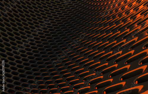 Metal mesh grild. Abstract 3d rendering background in high resolution. 3d render of  black carbon grid with orange light.