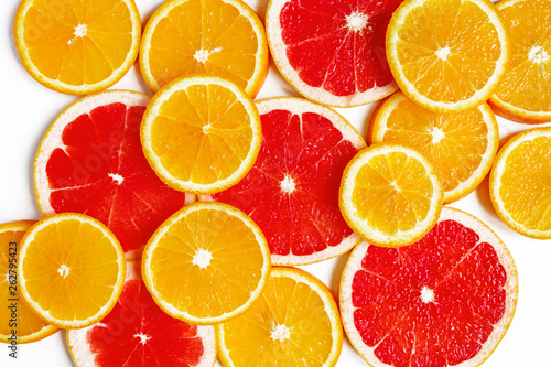 citrus slice, oranges and grapefruits on white background. Fruits backdrop