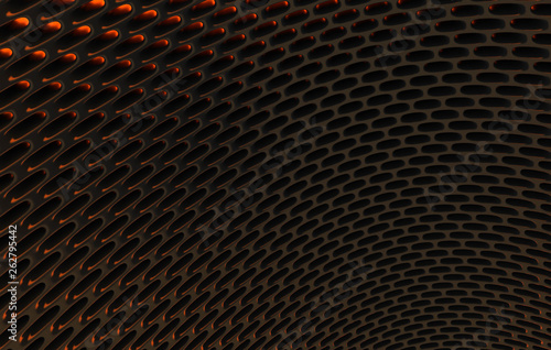 Metal mesh grild. Abstract 3d rendering background in high resolution. 3d render of  black carbon grid with orange light.