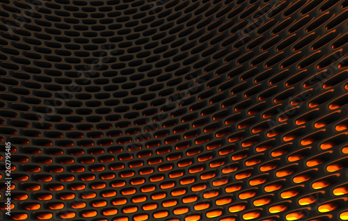 Metal mesh grild. Abstract 3d rendering background in high resolution. 3d render of  black carbon grid with orange light.