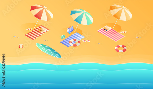 Summer. Vacation and travel concept. Umbrella, beach chair and a ball on the beach. Flat style vector illustration