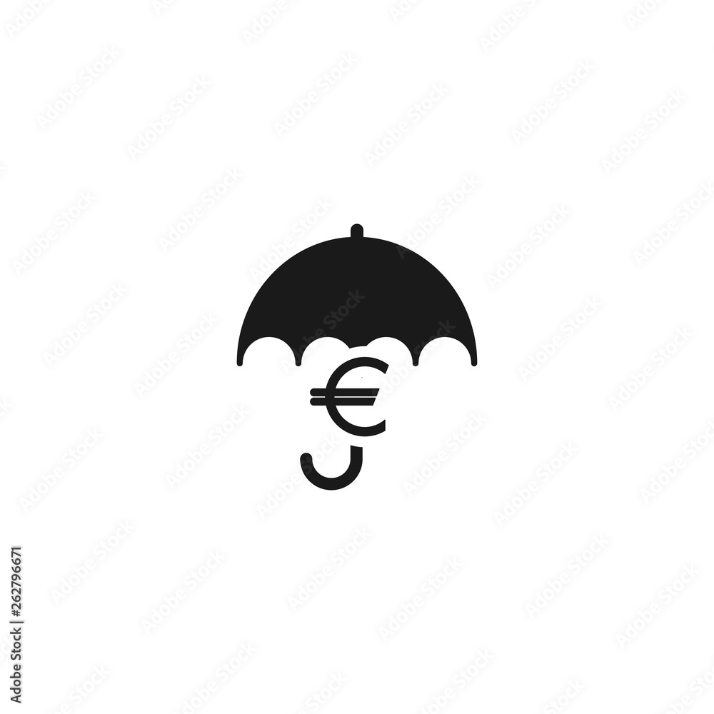 Black umbrella with euro sign under it. Vector flat icon isolated on white. Black umbrella with euro sign under it. Vector flat icon isolated on white.