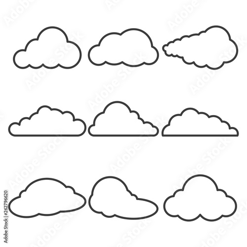 Set of different black contour clouds. Cloud outlines collection. Template design for web site, logo, app, UI.