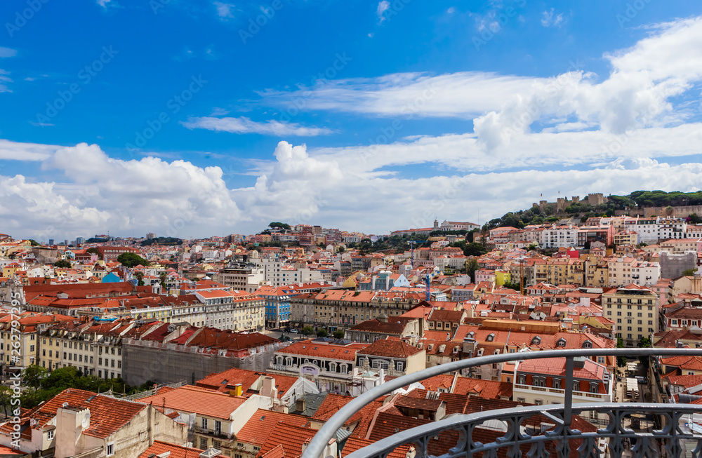 View over the rooftops of Lisbon, Portugal from the elevator de santa justa or santa just a lift which was built in 1902 to connect lower streets