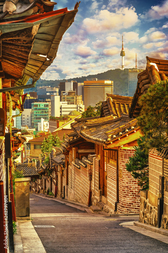 Bukchon Hanok Village with Seoul tower in Seoul, South Korea