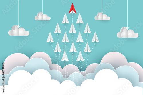 paper airplane red and white are fly up to the sky between cloud natural landscape go to target. startup. leadership. concept of business success. creative idea. illustration vector cartoon