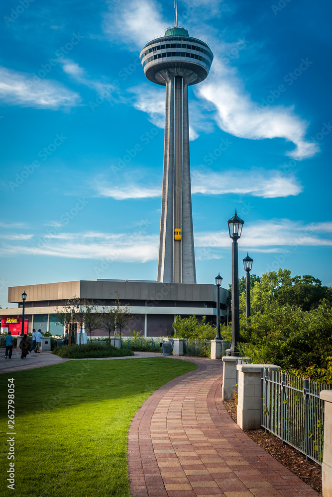 Skylon tower with its revolving restaurant and the yellow shuttle to transport visitors up and down